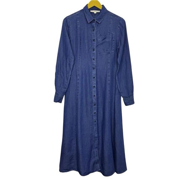 Loft Chambray Shirt Midi Maxi Dress Size 0 Blue Long Sleeves Pockets Linen Blend - Picture 3 of 7